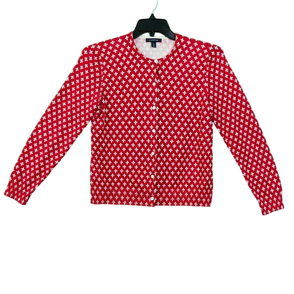 Lands End Womens Red White Fleur de Lis Button Up Cardigan Sweater S/M Patriotic